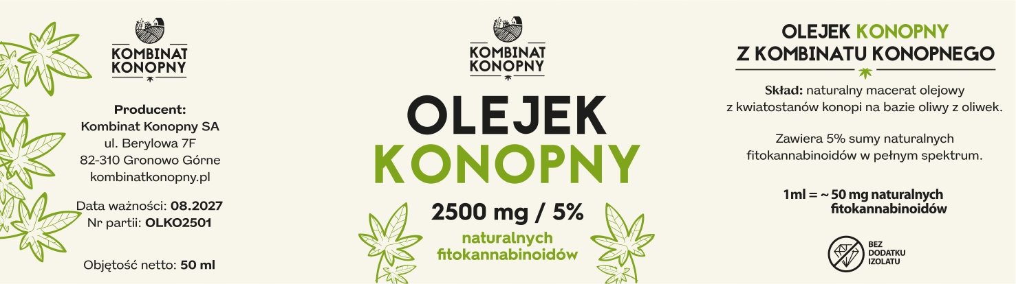 Olejek konopny 2500 mg 50 ml Kombinat Konopny 5% fitokannabinoidów